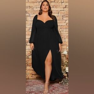 Curve- Plus Size Sweetheart Lantern Sleeve Slit Thigh Chiffon Dress Black